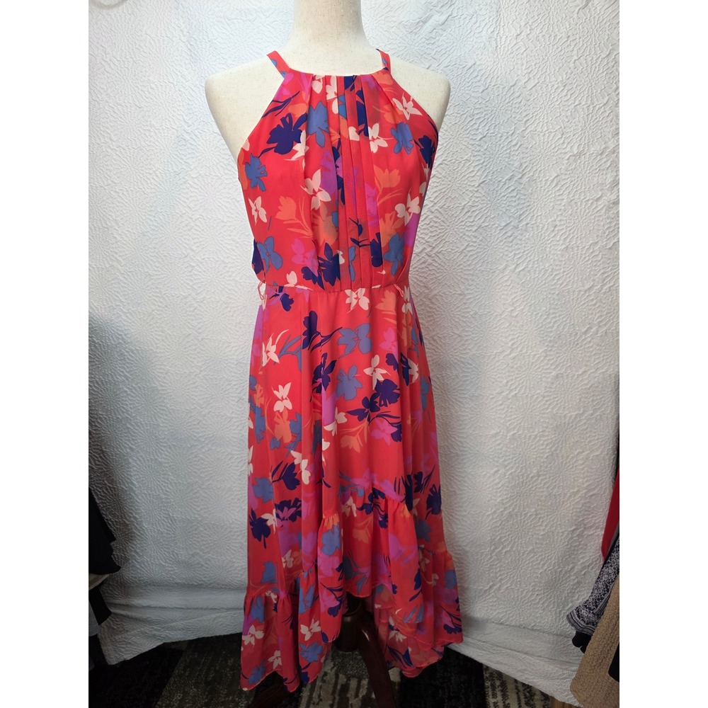 Vince Camuto High Low Halter Dress Womens 2 Pink Orange Floral Good Condition - Picture 2 of 8